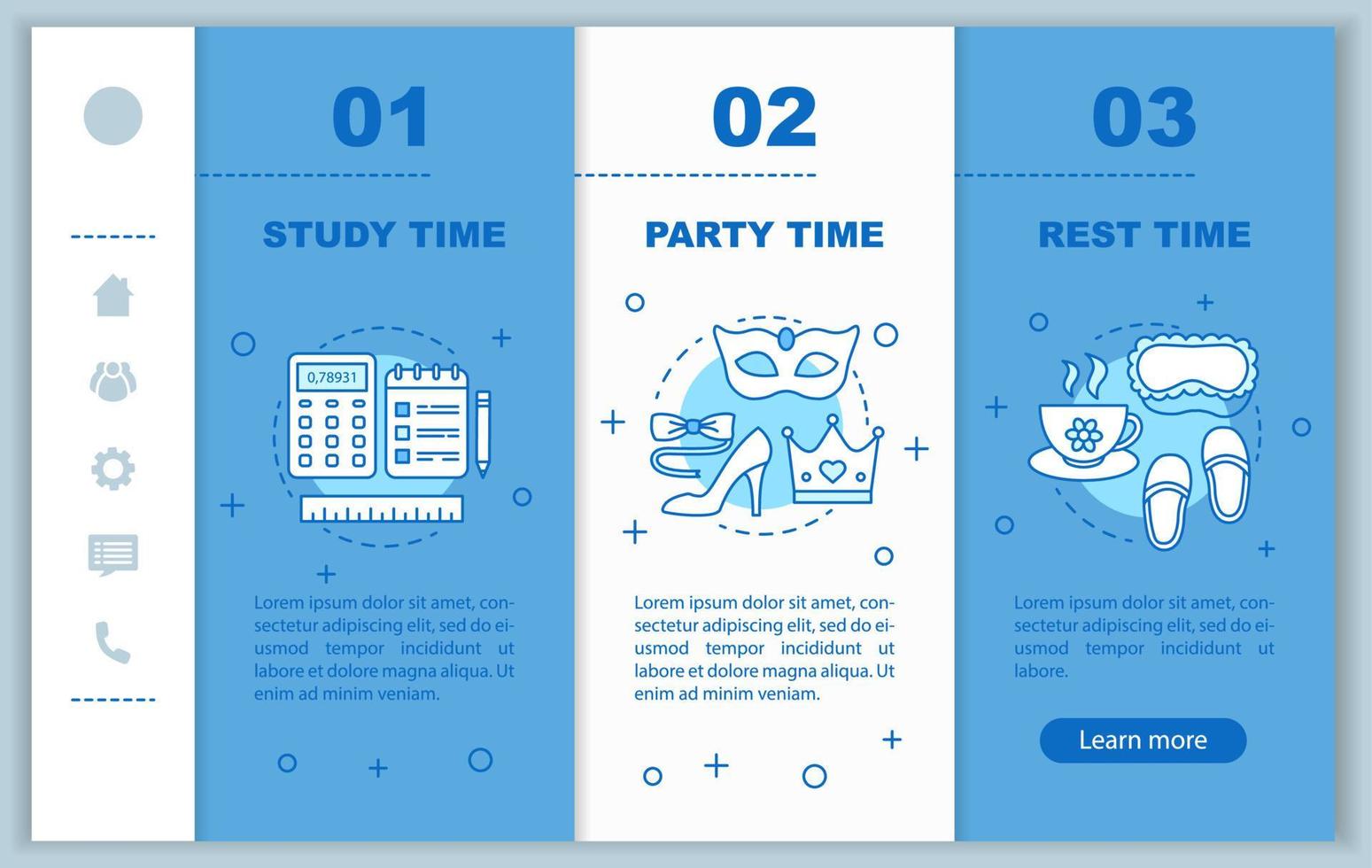 Zeitmanagement beim Onboarding mobiler Webseiten Vektorvorlage. reaktionsschnelle smartphone-website-schnittstellenidee mit linearen illustrationen. Partytime-Webseiten-Walkthrough-Schrittbildschirme. täglicher Stundenplan der Schüler vektor