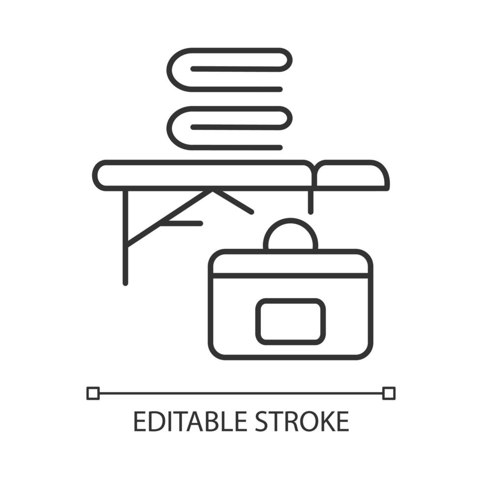 Lineares Symbol für tragbare Massageliege. Klappbares professionelles Massagebett. verstellbarer Tisch. dünne linie anpassbare illustration. Kontursymbol. Vektor isoliert Umrisszeichnung. editierbarer Strich