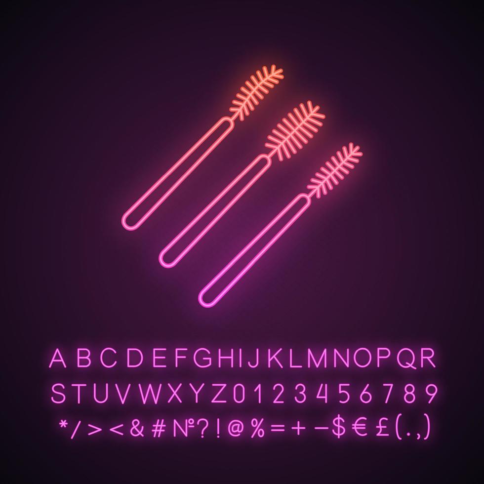 Einweg-Mascara-Zauberstäbe Neonlicht-Symbol. Arten von Wimpernbürsten. Wimpernspuler. Applikator für Wimpernverlängerung. Make-up-Tool. leuchtendes zeichen mit alphabet, zahlen und symbolen. vektor isolierte illustration