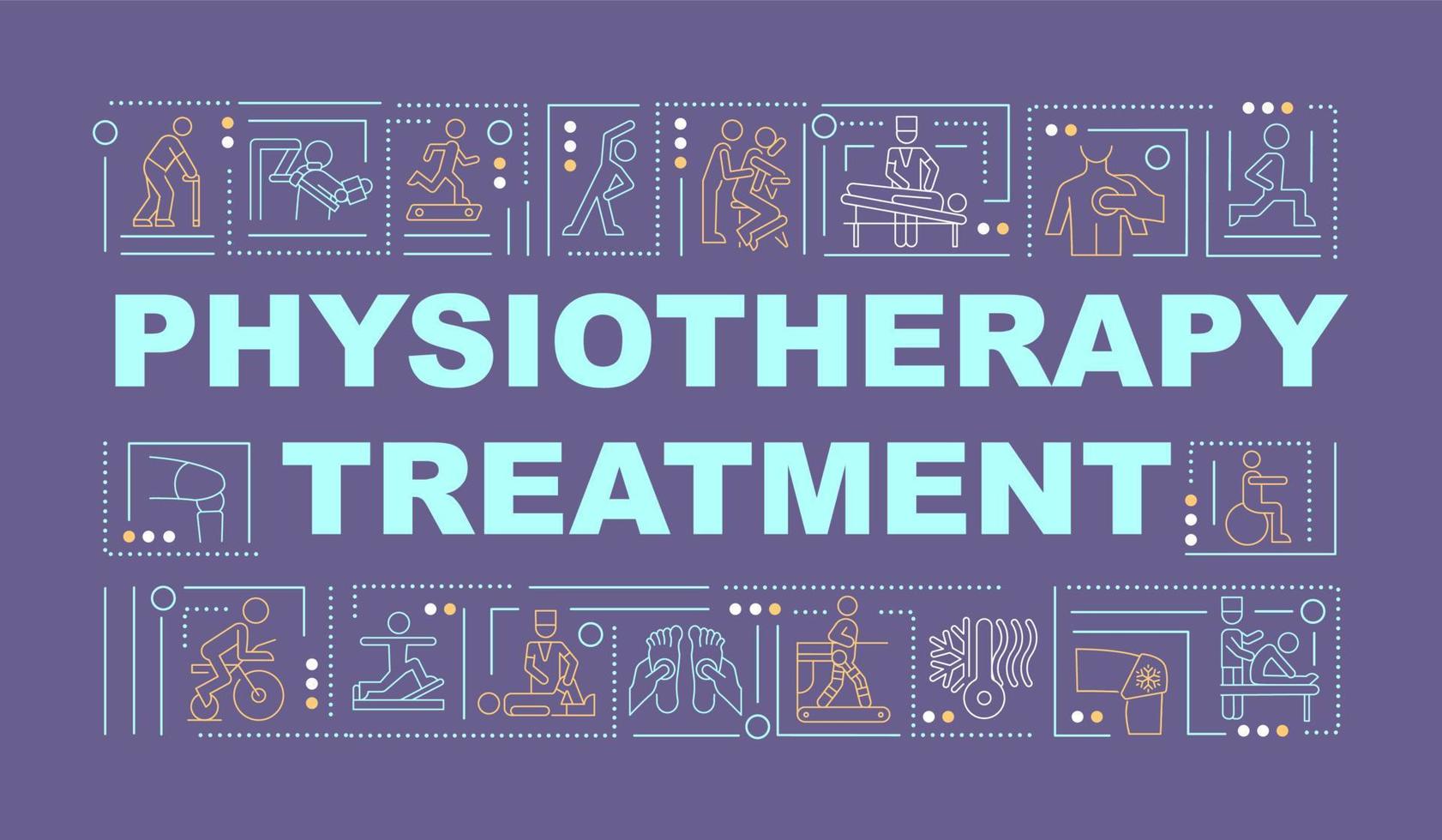 physiotherapiebehandlung lila wortkonzepte banner. körperliche Gesundheit. Infografiken mit linearen Symbolen auf grünem Hintergrund. isolierte kreative typografie. Vektorumriss-Farbillustration mit Text vektor