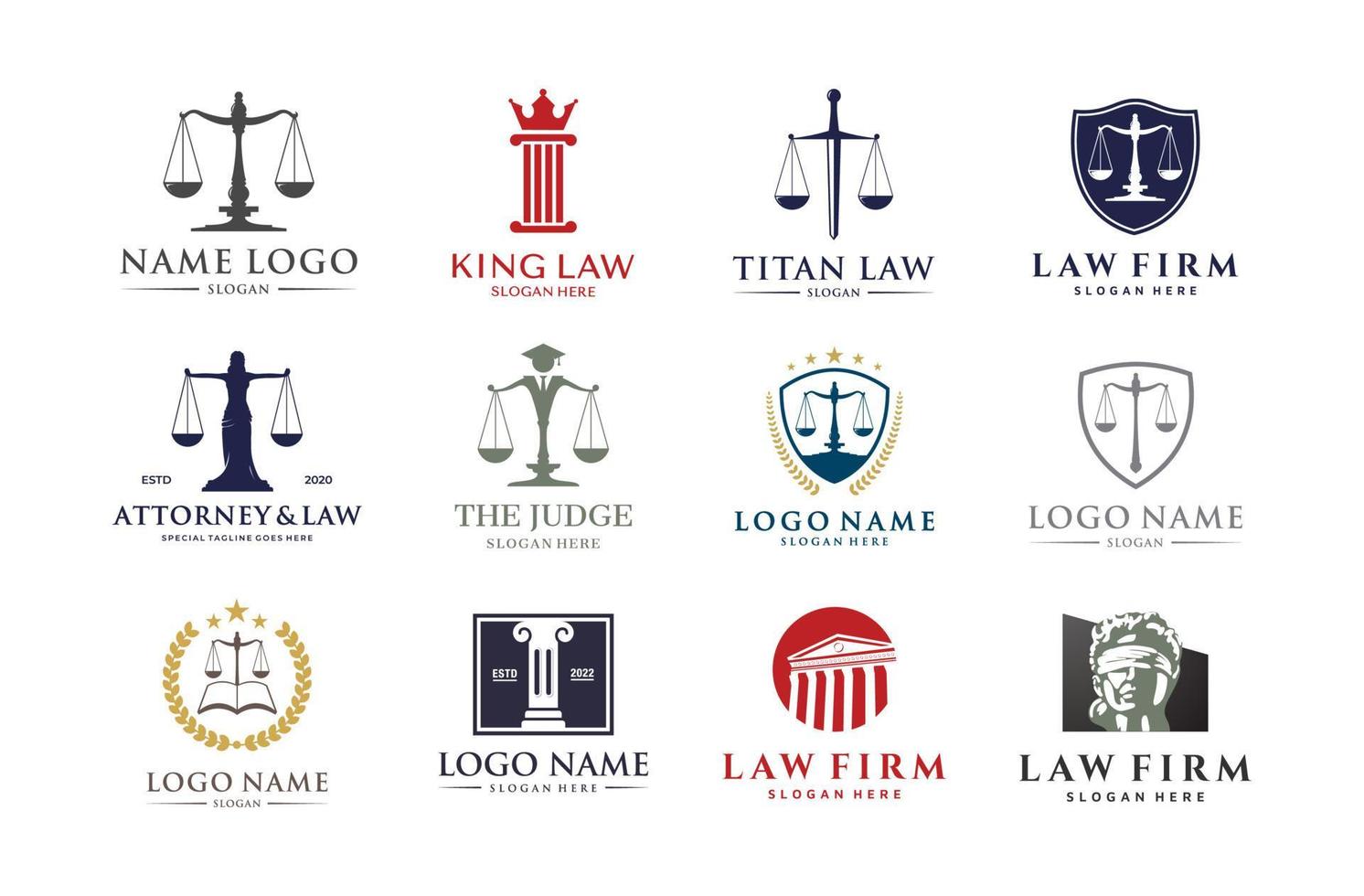 satz von rechtsanwaltsrecht symbol gerechtigkeit, anwalt, legal, firma, richter logo design sammlung vektor