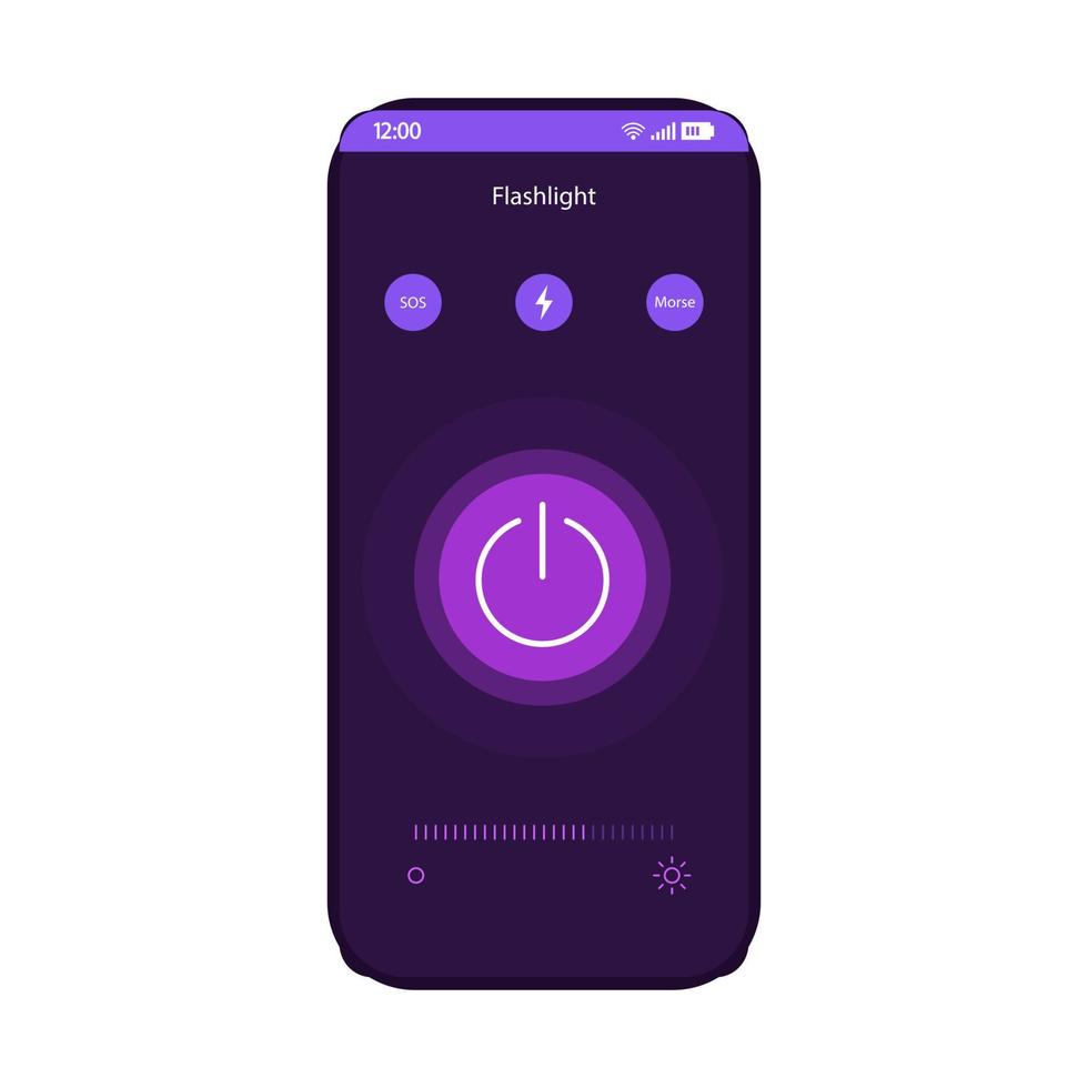 ficklampa app smartphone gränssnitt vektor mall. mobilverktygssida lila designlayout. kamera blixt strömknapp på telefonens skärm. slå på, av platt ui. applikationsdisplay med led ficklampa
