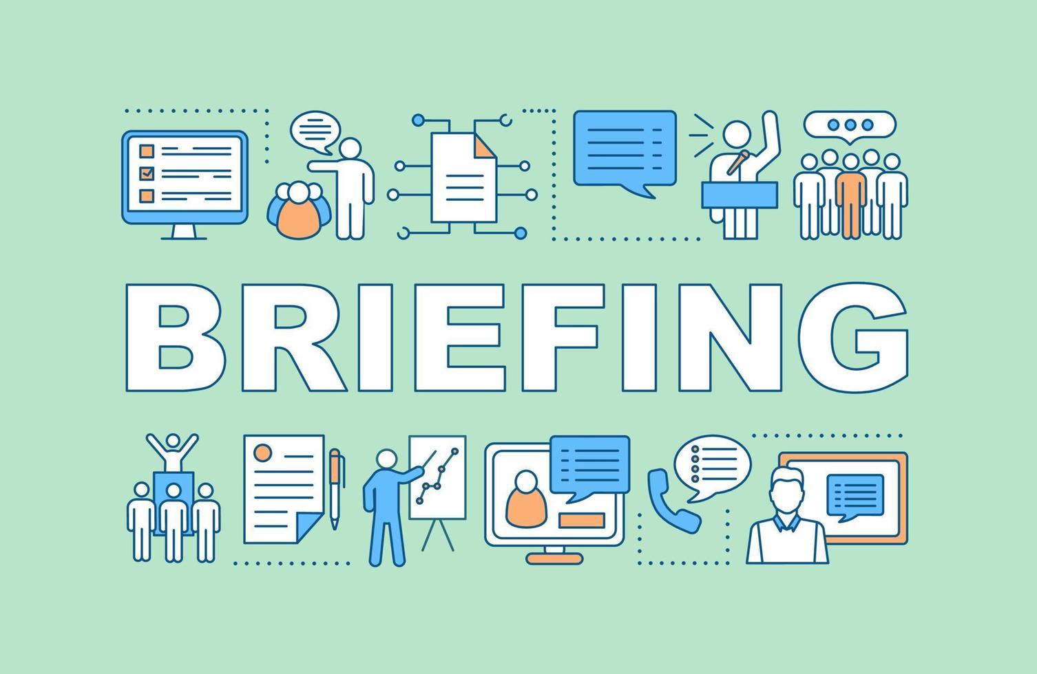 Briefing-Konzept-Symbol. öffentlich sprechen. Verkaufsmasche. Marketing. Geschäfts Präsentation. Unternehmensschulungen. isolierte beschriftungstypografieidee mit linearen symbolen. Vektor-Umriss-Illustration vektor