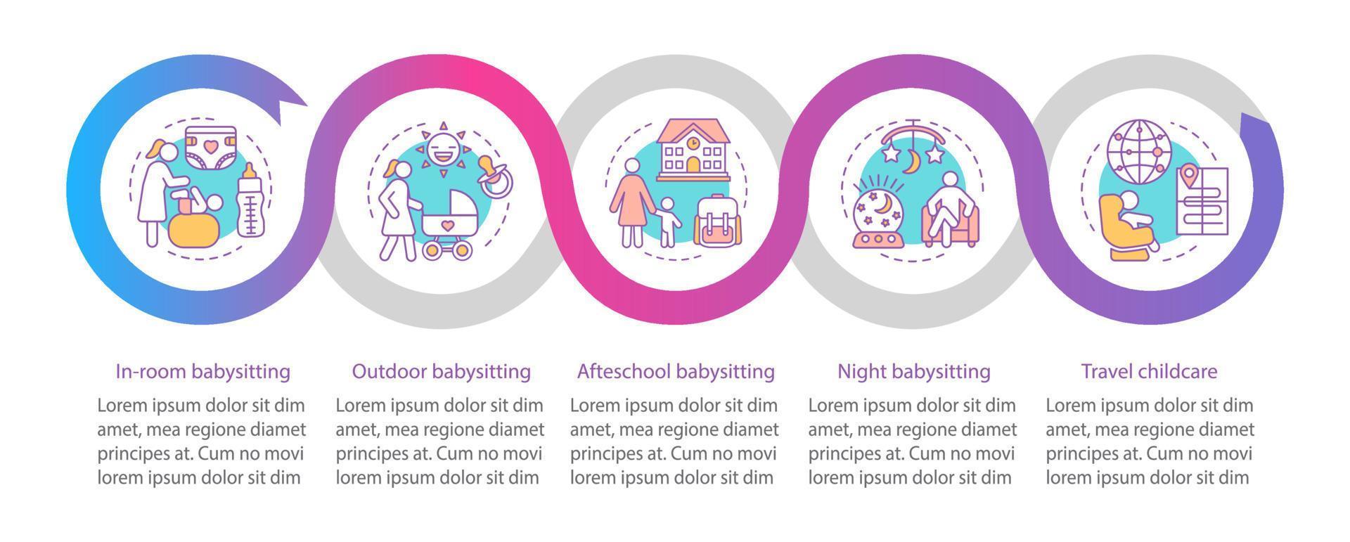 Hotel-Babysitter-Service-Vektor-Infografik-Vorlage. Gestaltungselemente für Geschäftspräsentationen. Nacht, Reisebabysitter. Datenvisualisierung mit Schritten, Optionen. Diagramm der Prozesszeitleiste. Workflow-Layout vektor