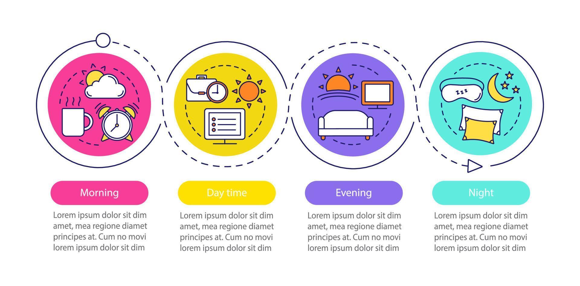 Zeitraum-Vektor-Infografik-Vorlage. Morgen, Tag, Abend, Nacht. Geschäftspräsentationselemente. schlafen, arbeiten, ausruhen. Datenvisualisierungsschritte und Optionen. Diagramm der Prozesszeitleiste. Workflow-Layout vektor