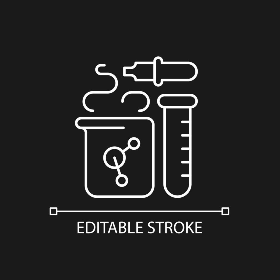 Chemie weißes lineares Symbol für dunkles Thema. chemische reaktion im becher. Reagenzglas, Pipette, Kolben. dünne linie anpassbare illustration. isoliertes Vektorkontursymbol für den Nachtmodus. editierbarer Strich vektor