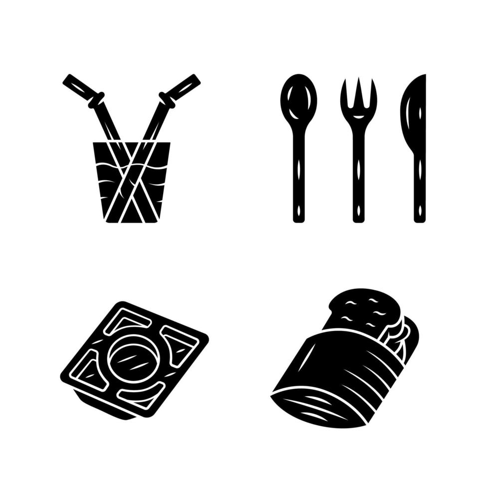 noll avfall kök bestick glyf ikoner set. återanvändbar smörgåspåse, sugrör i glas. rostfritt stålbricka. siluett symboler. vektor isolerade illustration