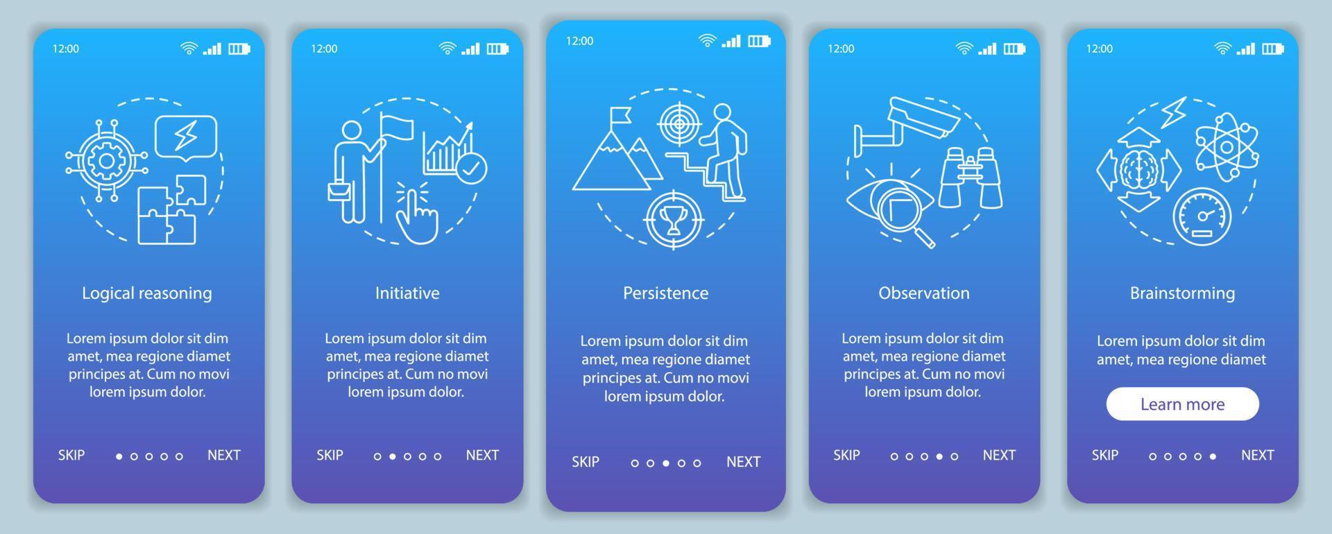 mentala färdigheter onboarding mobil app sida skärm vektor mall. hr mjuka egenskaper genomgång av webbplatssteg. observation, initiativ, brainstorming. ux, ui, gui smartphone gränssnitt koncept