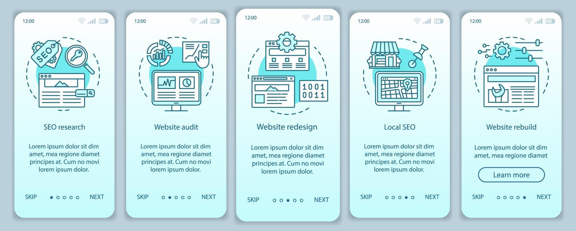 webbkonsultation onboarding mobil app sida skärm vektor mall. seo forskning. webbdesign, revision. genomgång av webbplatssteg med linjära illustrationer. ux, ui, gui smartphone gränssnitt koncept