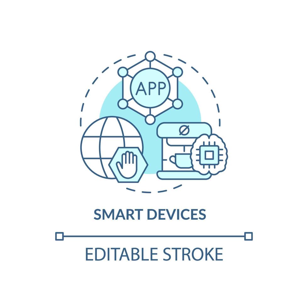 smarta enheter turkos konceptikon. innovativ teknik abstrakt idé tunn linje illustration. hemtillbehör. isolerade konturritning. redigerbar linje. arial, otaliga pro-bold typsnitt som används vektor