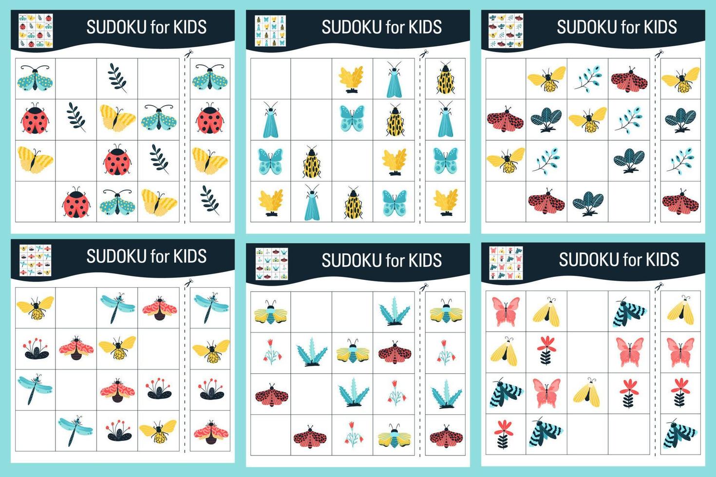 sudoku spel för barn med bilder. tecknade fjärilar, insekter och delar av den naturliga världen. vektor. vektor