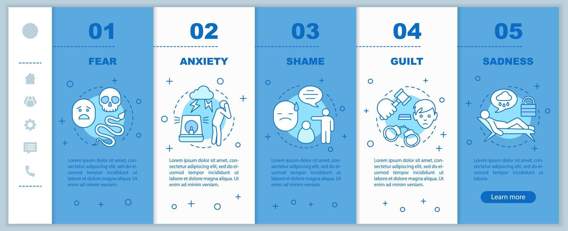 Menschliche Gefühle beim Onboarding mobiler Webseiten Vektorvorlage. Emotionen. Angst, Angst, Scham. Responsive Smartphone-Website-Schnittstelle mit linearen Illustrationen. webpage walkthrough step screens konzept vektor