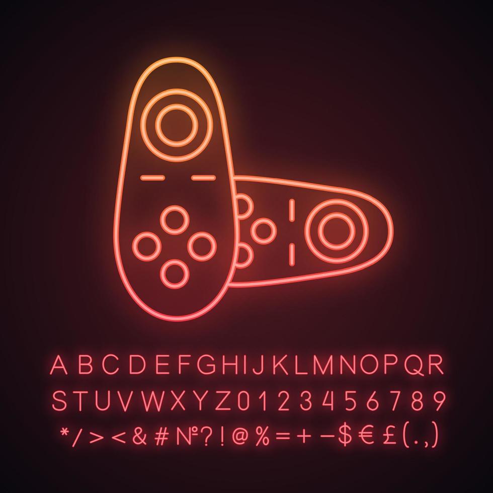 Symbol für Neonlicht des vr-Controllers. drahtloses Virtual-Reality-Gamepad. VR-Spielekonsole, Fernbedienung. leuchtendes zeichen mit alphabet, zahlen und symbolen. vektor isolierte illustration