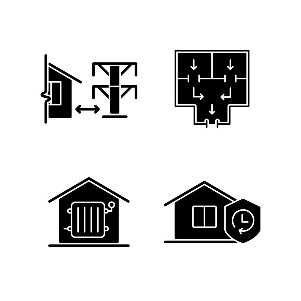 Hausbauverordnung schwarze Glyphen-Symbole auf weißem Raum gesetzt. Abstand zu elektrischen Leitungen. Feuer Fluchtweg. benötigte Heizung. Haltbarkeit. Silhouettensymbole. vektor isolierte illustration