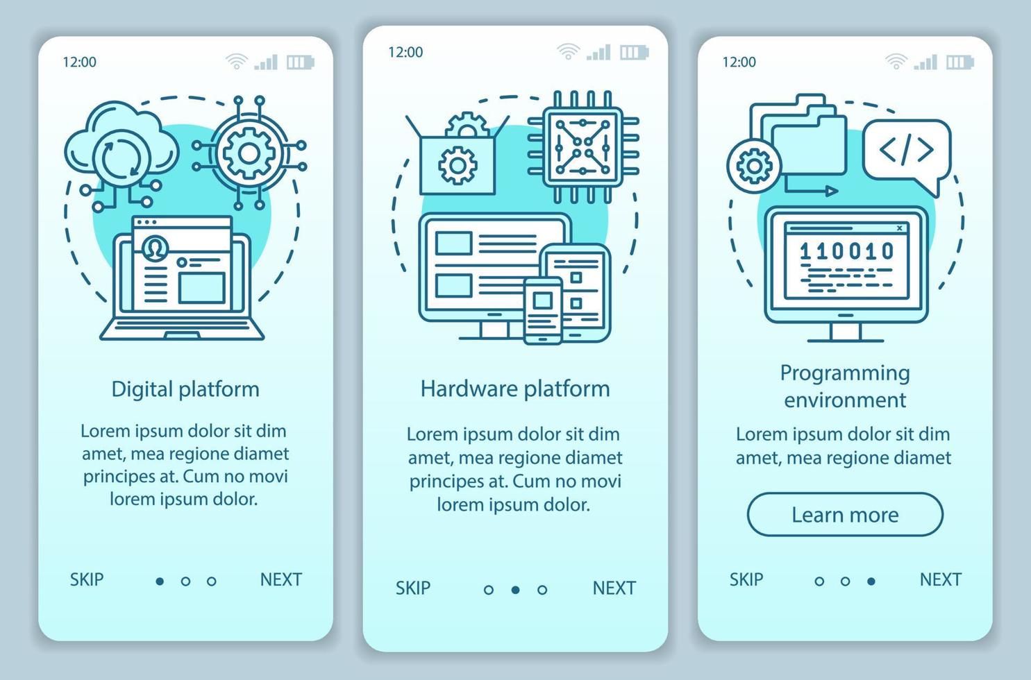 datorteknik onboarding mobil app sida skärm vektor mall. mjukvaruutvecklingsplattform. genomgång av webbplatssteg med linjära illustrationer. ux, ui, gui smartphone gränssnitt koncept