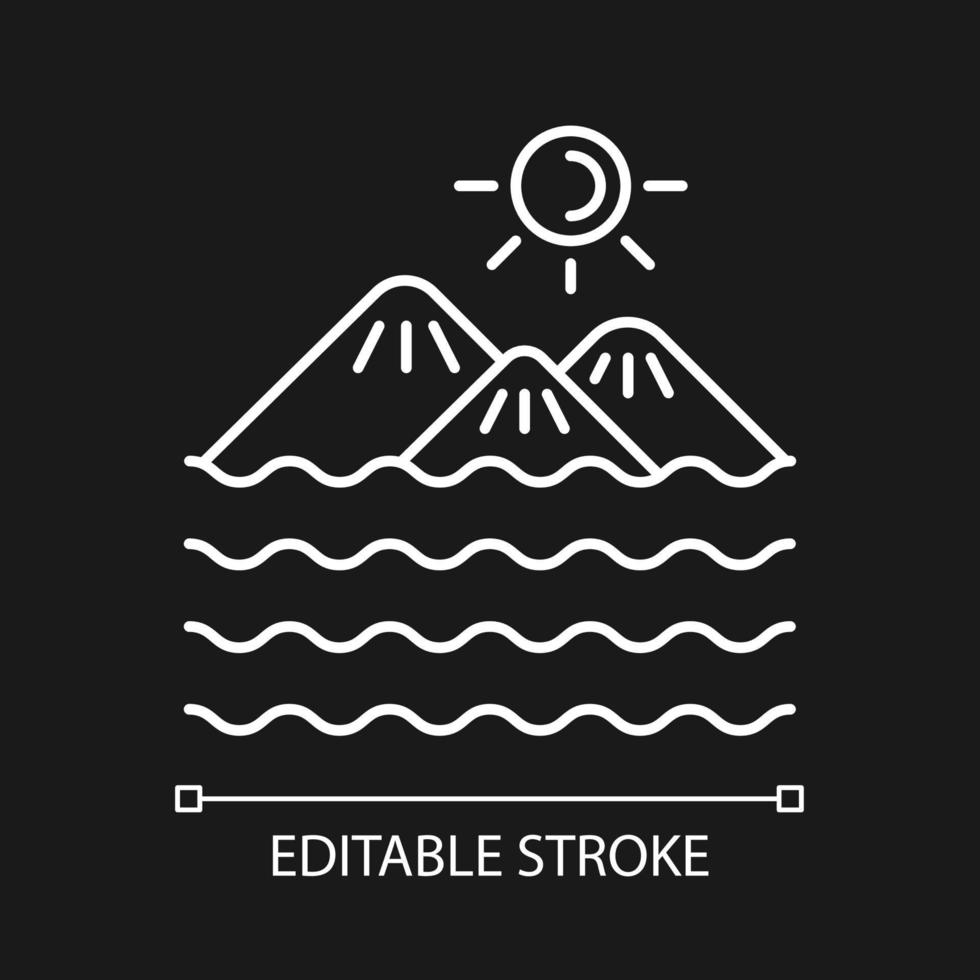 Insel weißes lineares Symbol für dunkles Thema. Land umgeben von Wasser. Grundstück in Meer und Ozean. dünne linie anpassbare illustration. isoliertes Vektorkontursymbol für den Nachtmodus. editierbarer Strich vektor