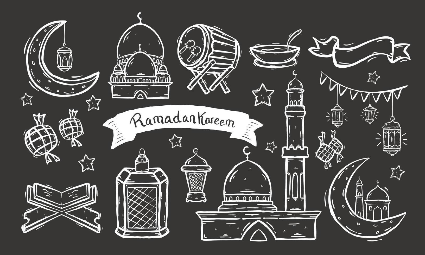 uppsättning av islamiska doodle element relaterade till holly ramadan. designkoncept islamiska symboler och ikoner med handritad skissstil vektor