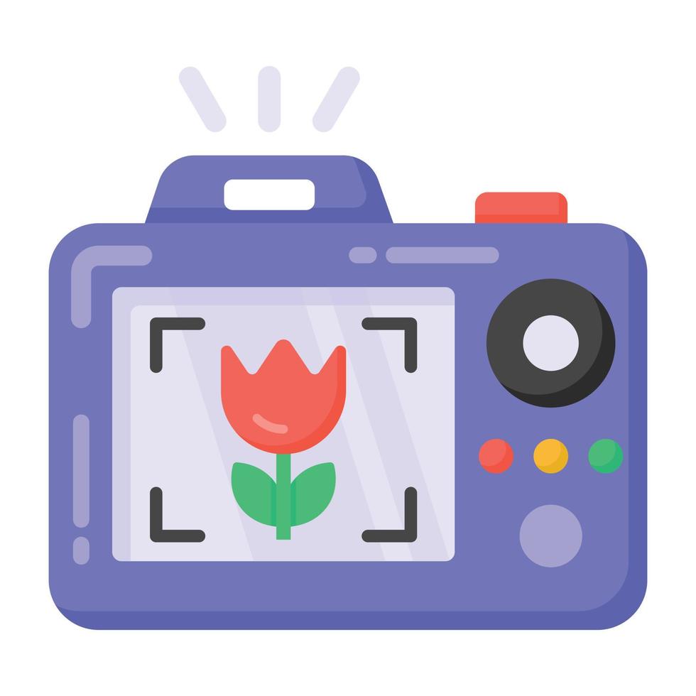 Blume in der Kamera, die eine flache Ikone der Makrofotografie bezeichnet vektor