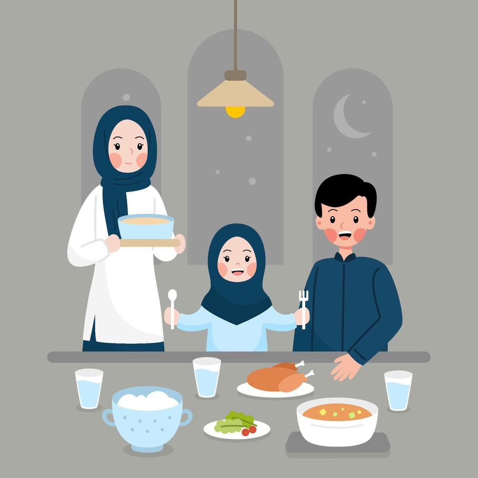 süße muslimische familie iftar sahoor im ramadan und eid mubarak vektor