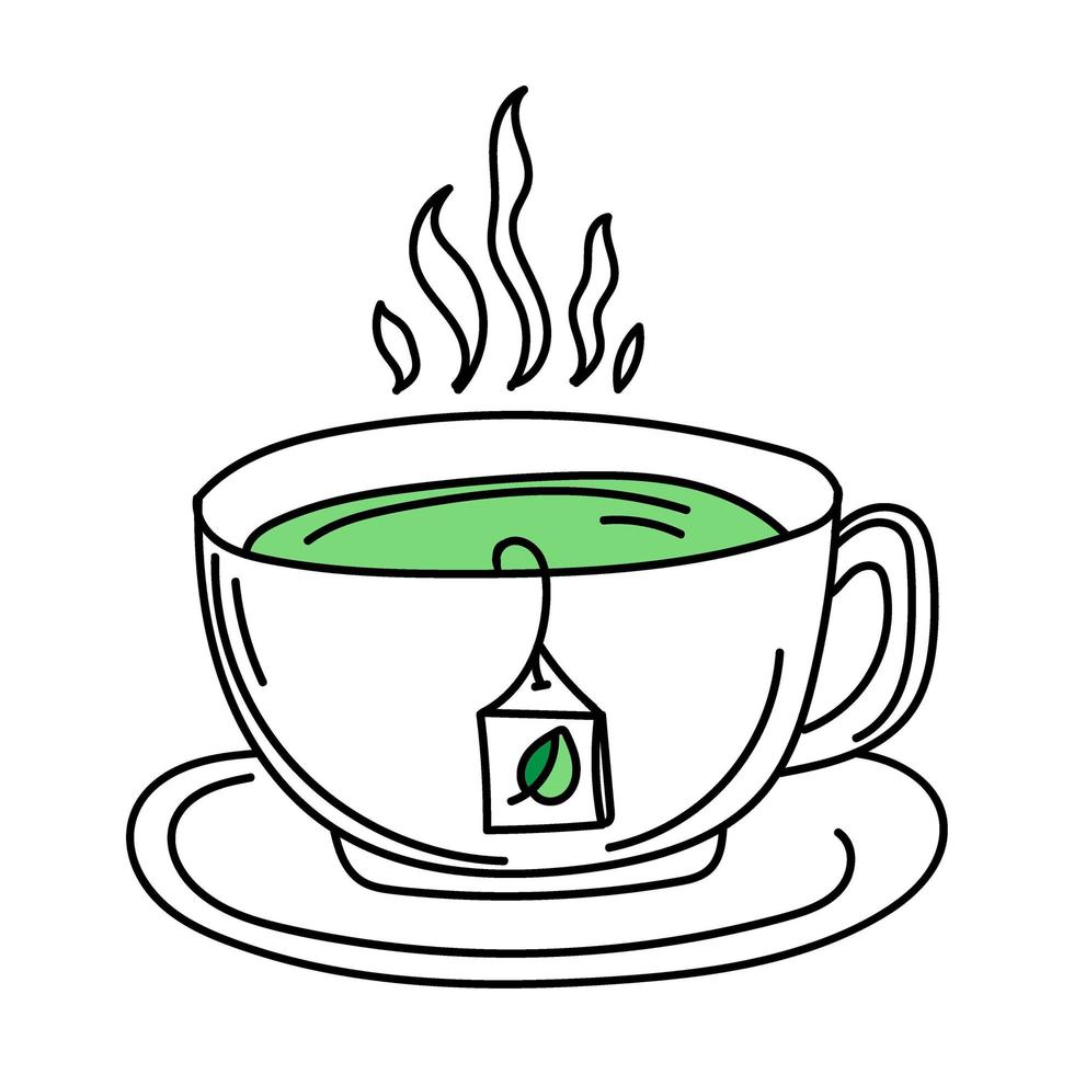 eine handgezeichnete Tasse grüner Tee im Doodle-Stil. ein Heißgetränk. Zeit aufzustehen. Frühstück. Morgen. ein einfacher Doodle-Vektor. vektor