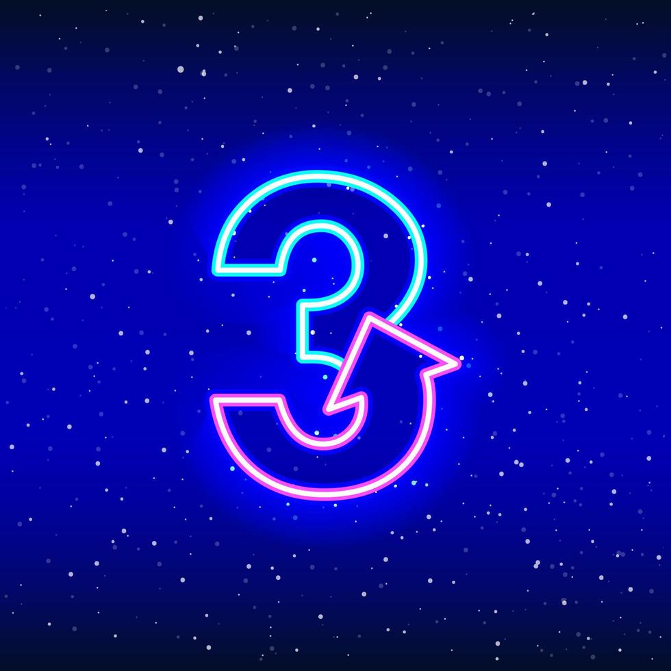 nummer 3 och pilsymbol i neonblått och rosa färg. pilad siffra tre av rymdstjärnor. neon linjär siffra design. realistisk neonikon. linjär ikon på blå bakgrund. vektor