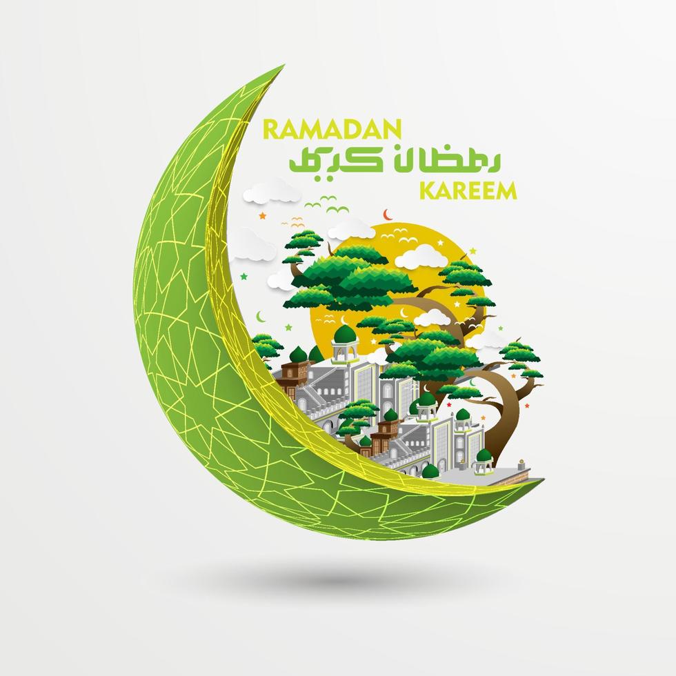 ramadan kareem hälsning islamisk illustration bakgrund vektordesign med arabisk kalligrafi för kort, banderoll, tapeter, dekoration, omslag, brosur och flygblad vektor
