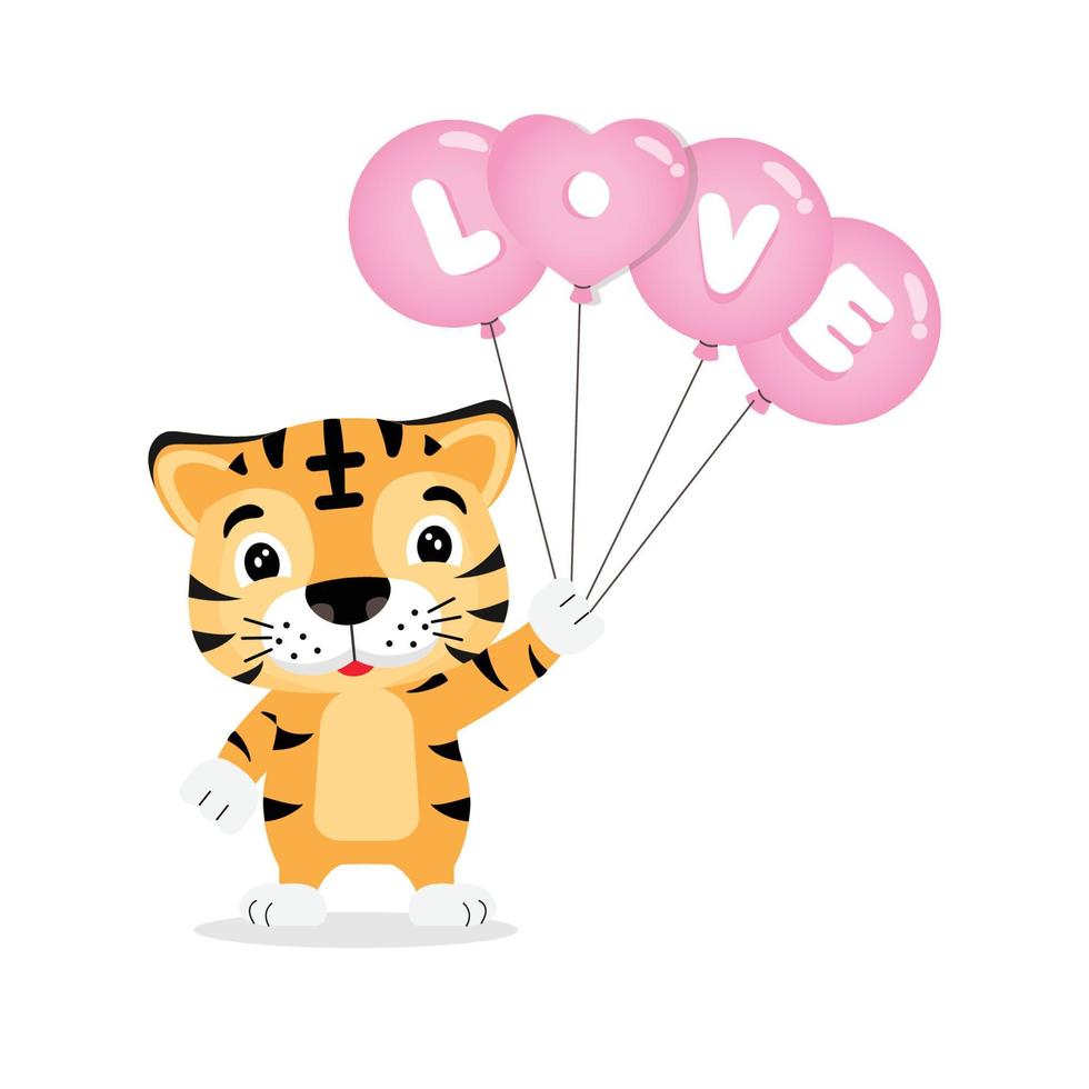 söt tiger håller kärleksballong för alla hjärtans dag. vektor