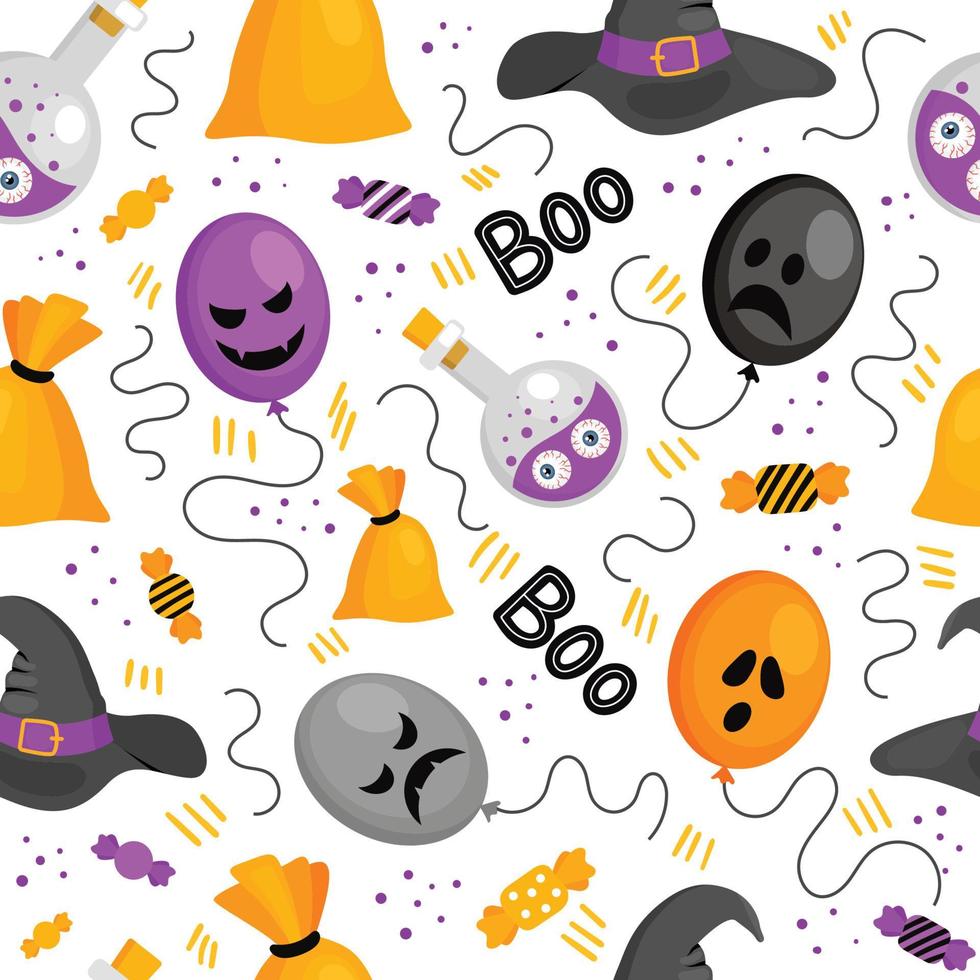 sömlösa halloweenmönster med ballonger, giftdryck och hatt vektor