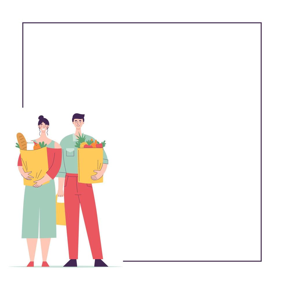 glad man och kvinna står i full höjd och håller papperspåsar med mat.mall, utrymme för text.shopping i stormarknad platt tecknad vektor isolerad illustration på vit bakgrund
