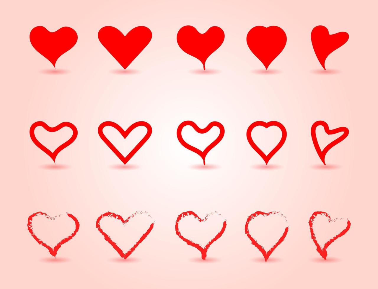 handritade klottrar hjärtan. målade hjärtformade element för alla hjärtans dag gratulationskort. doodle röda kärlek hjärtan ikoner set. samling på romantiska symboler bakgrund vektor