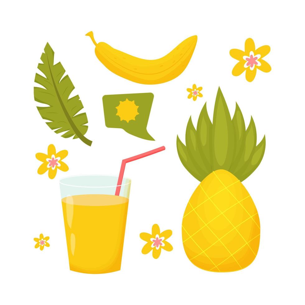 uppsättning av naiva, enkla bananer, ananas, cocktail med löv, blommor och bubbla med sol i skandinavisk stil isolerad på vit bakgrund i gul och grön färg. vektor illustration