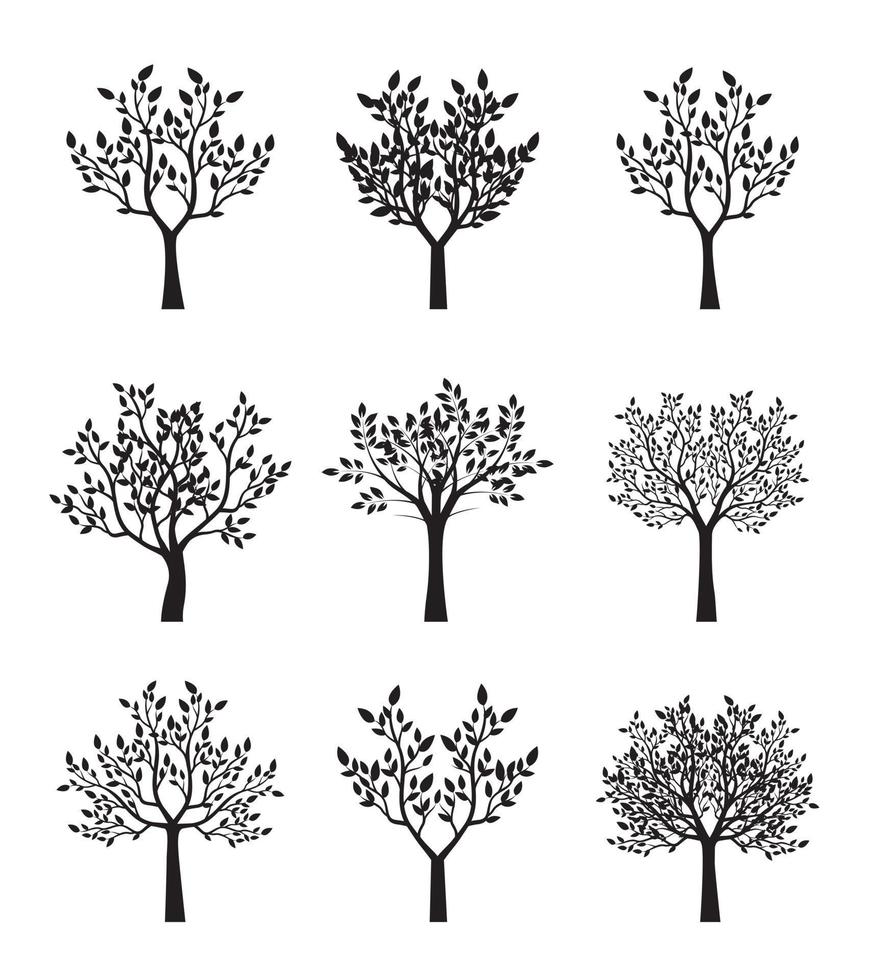träd med löv samling. vektor kontur illustration. plantera i trädgården.