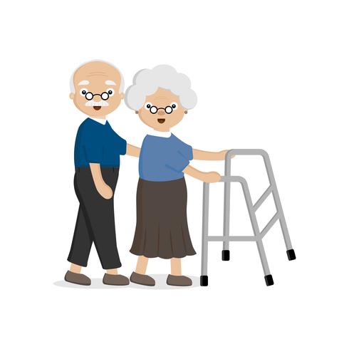Senior äldre par. Gamla mannen hjälper en gammal kvinna att gå med en vandrare. vektor