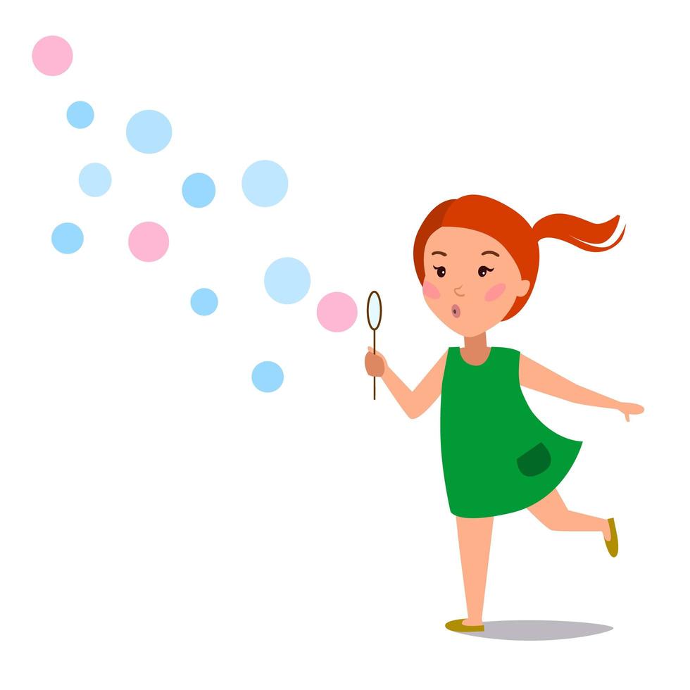 Ein kleines Mädchen bläst Seifenkugeln auf. glückliches Kind läuft. Vektorillustration auf einem weißen getrennten Hintergrund. Bild einer Bildagentur. vektor