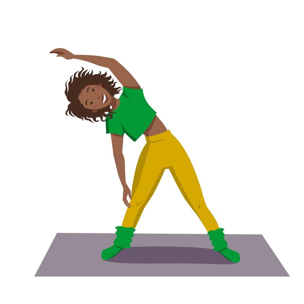 atletisk mörkhyad flicka står på mattan och gör en lutning åt sidan. platt vektorillustration. vektor