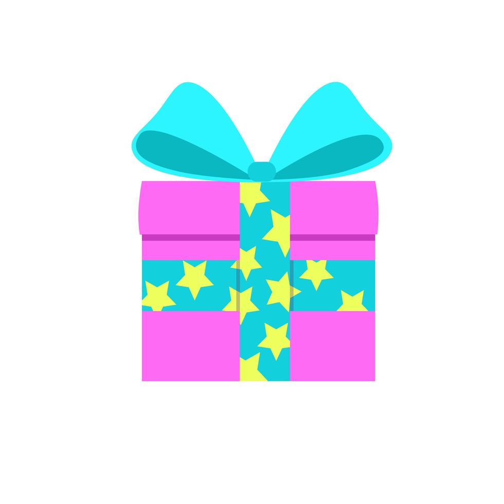 Geschenk in einer rosa Schachtel mit einem blauen Band mit einem Stern. überraschen Sie mit einer schönen Schleife. flacher Stil. für ein Logo, Banner oder eine Postkarte. vektor