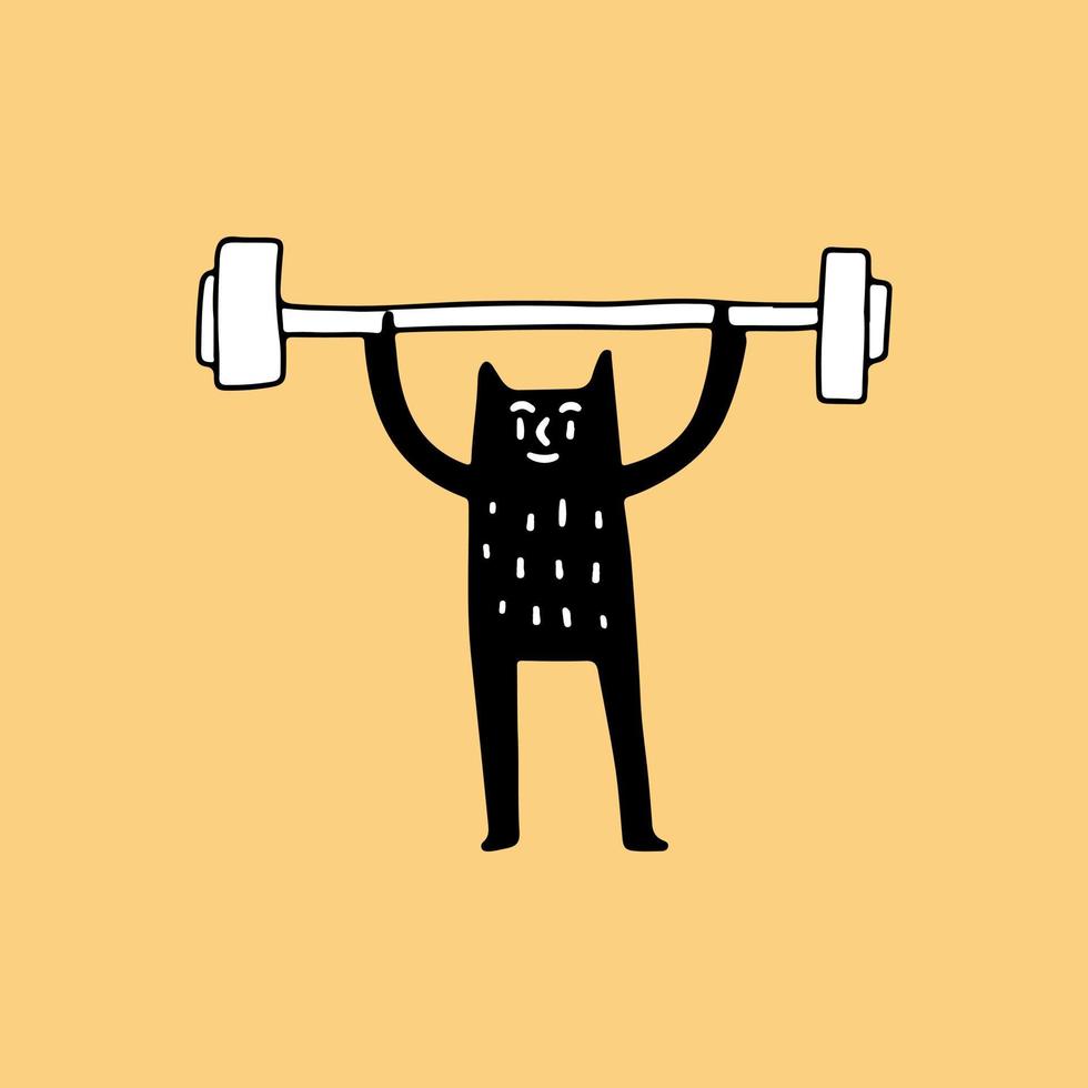 lustige katze, die barbell, illustration für t-shirt, aufkleber oder bekleidungswaren anhebt. im Retro-Cartoon-Stil. vektor