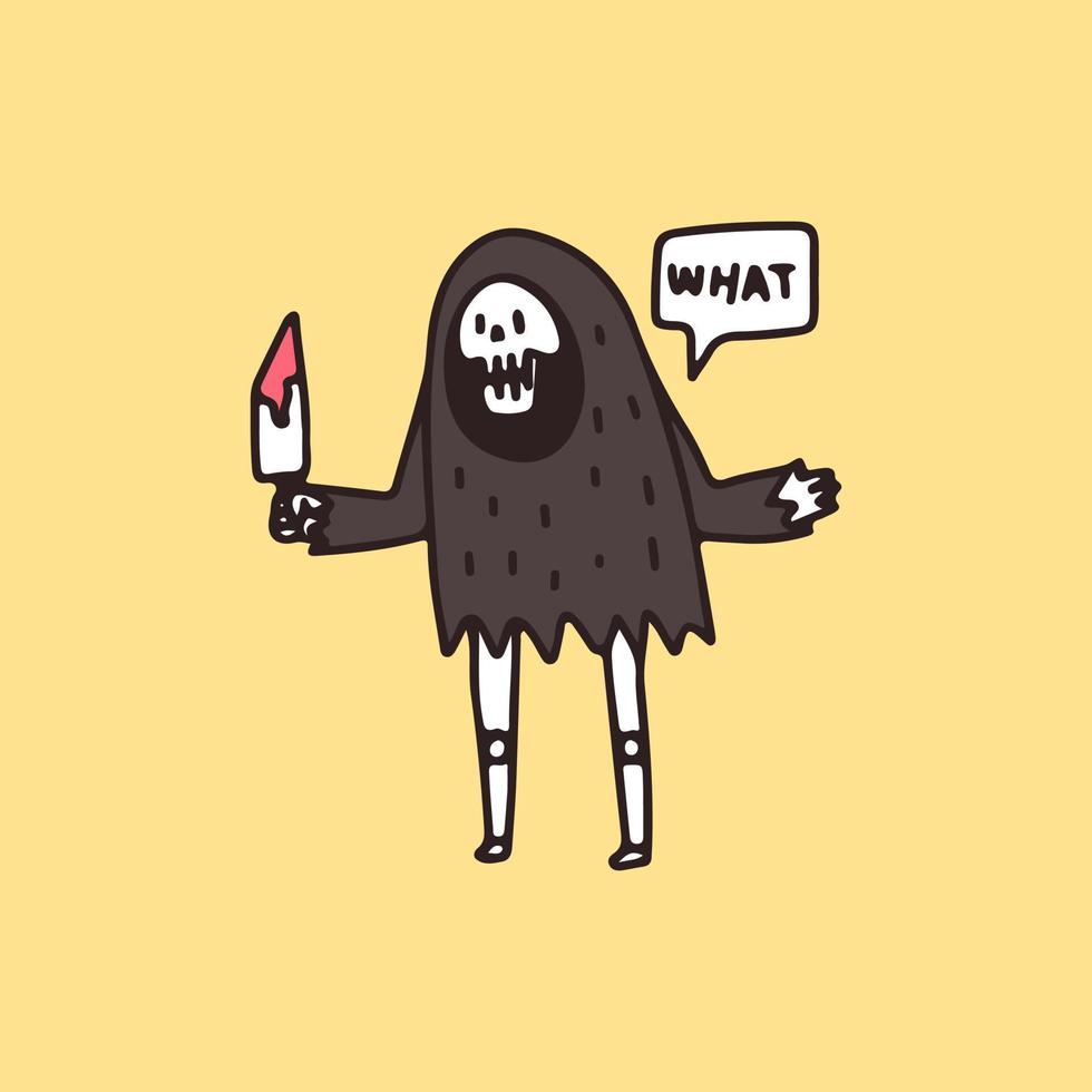 grim reaper skalle håller kniv med blod, illustration för t-shirt, affisch, klistermärke eller klädesplagg. med retro tecknad stil. vektor