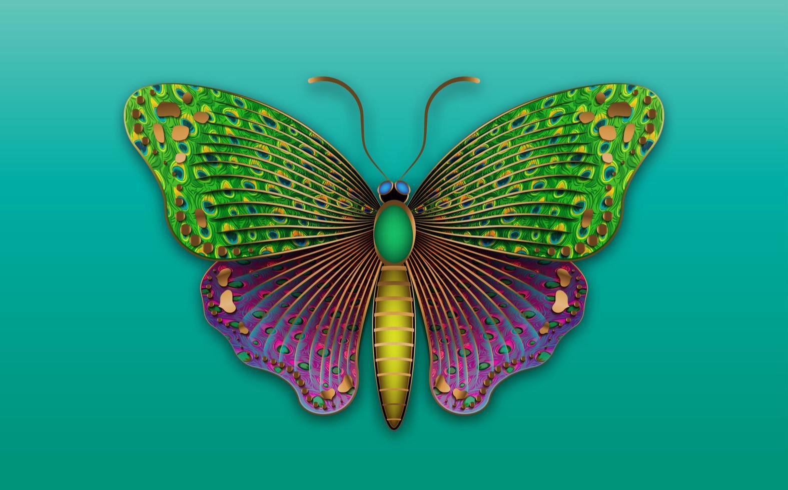 goldener luxus dekorativer schmetterling bunte pfaubeschaffenheit, juwelenlogo-schablonenillustration. Vektordesign für Mode-, Poster- und Kartendrucke, Unternehmen, Schmuck, einzeln auf blauem Hintergrund vektor