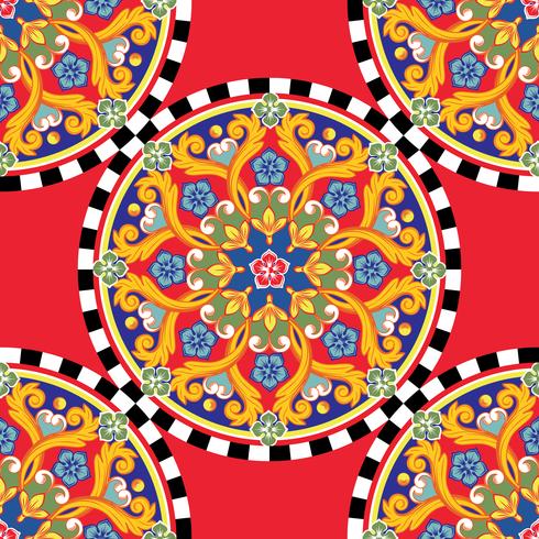 Nahtloser modischer heller Hintergrund. Bunte ethnische runde dekorative Mandala auf kariertem Muster. Vektor-illustration vektor