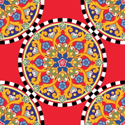 Sömlös trendig ljus bakgrund. Färgrik etnisk rund prydnadsmandala på rutigt mönster. Vektor illustration
