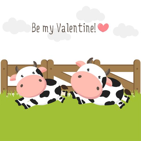 Paare von netten verliebten Kühen auf grüner Rasenfläche. vektor
