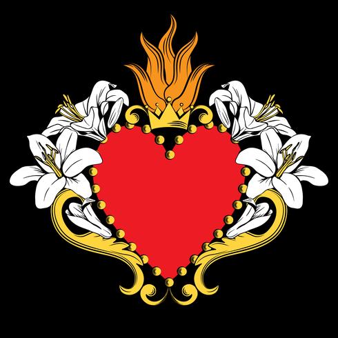 Jesu heliga hjärta. Vackert rött prydnadshjärta med liljor, krona i isolerad på svart bakgrund. Vektor illustration