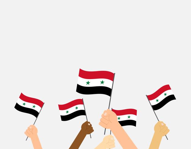 Vektor illustration händer som rymmer Syrien flaggor på grå bakgrund