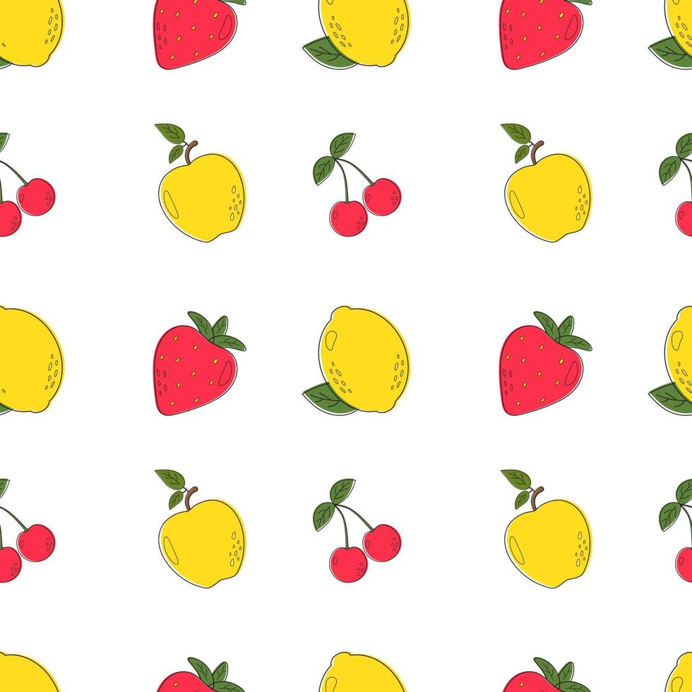 seamless mönster med färgglada färska frukter äpple, citron, jordgubbar och körsbär. vektorillustrationer för presentpapper, textil, utskrift. sött sommarmönster i trendig stil. vektor