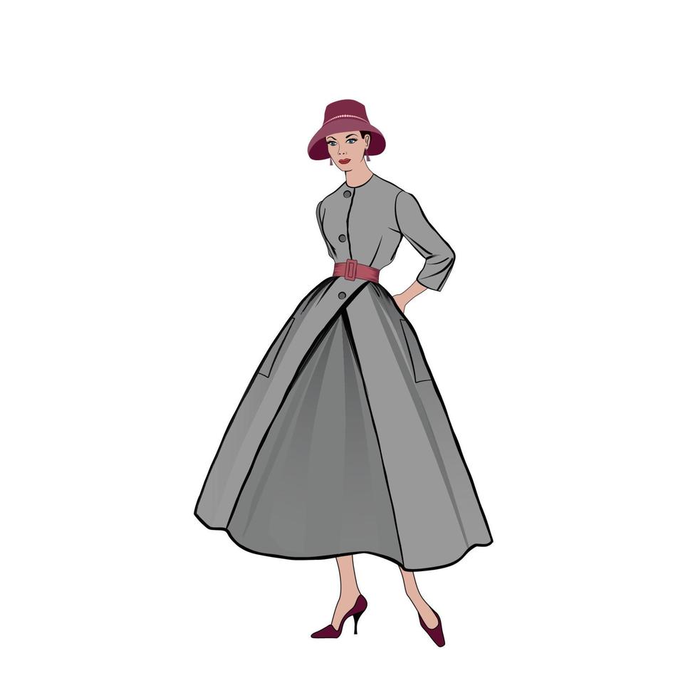 Retro-Mode gekleidete Frau im Stil der 1950er Jahre. stilvolle junge Dame in Vintage-Kleidung. Herbstmode-Party-Silhouetten aus den 60er Jahren. vektor