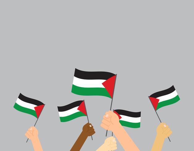 Vektor illustration händer som håller palestinska flaggor på grå bakgrund