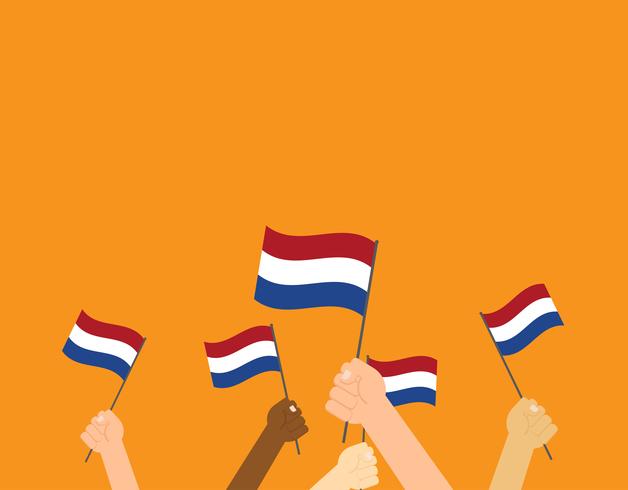 Vektor illustration händer som håller nederländska flaggor på orange bakgrund