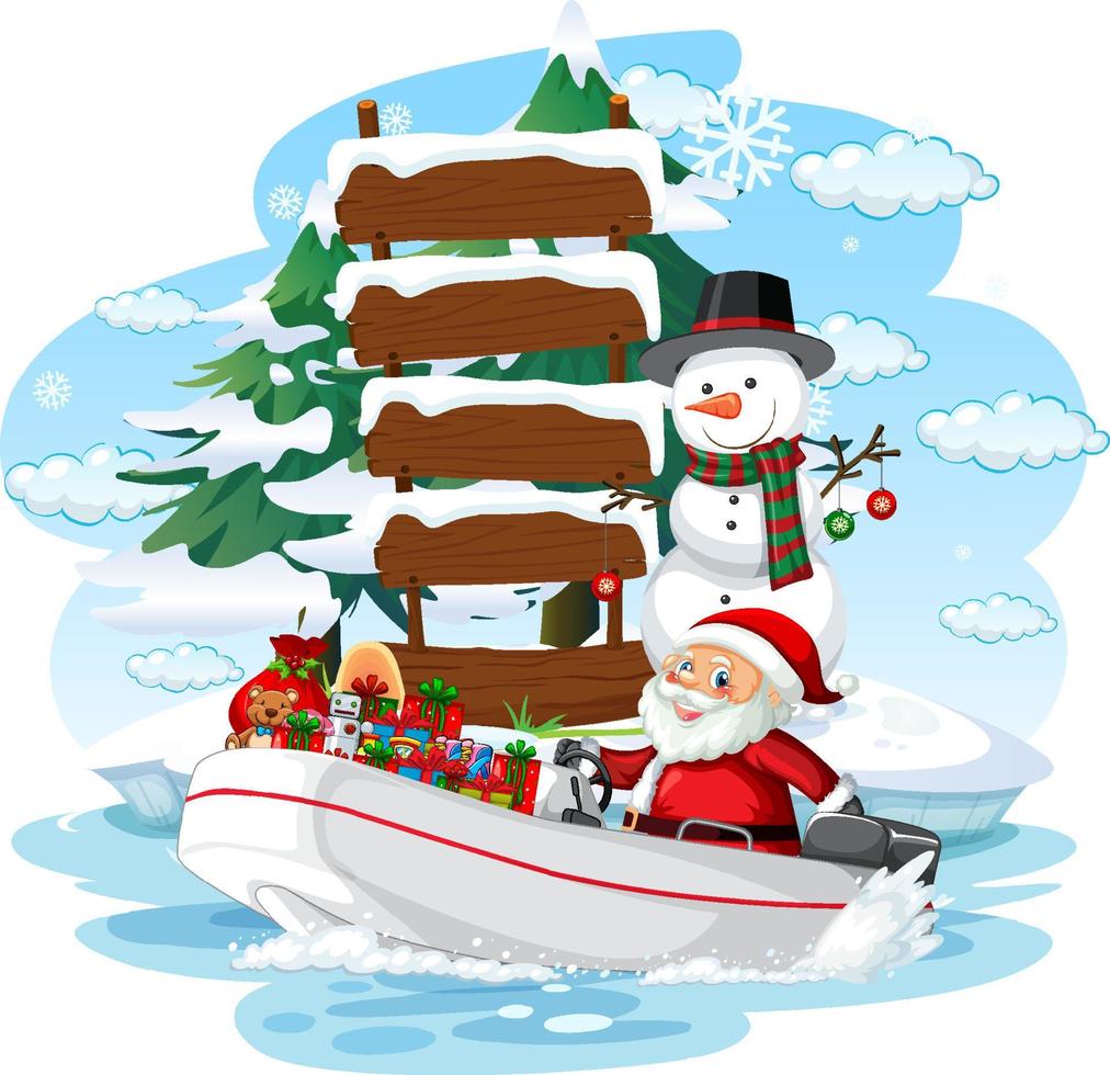 snöig dag med jultomten som levererar presenter med båt vektor