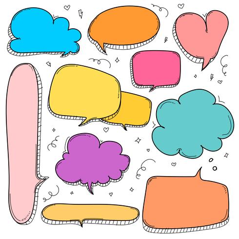 Handdragen bubblor. Doodle Style Comic Balloon, Cloud, Heart Shaped Design Elements. vektor